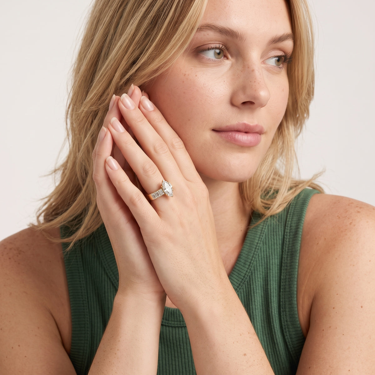 Maia Wide Band Baguette Marquise Diamond Engagement Ring in Platinum - model.jpg