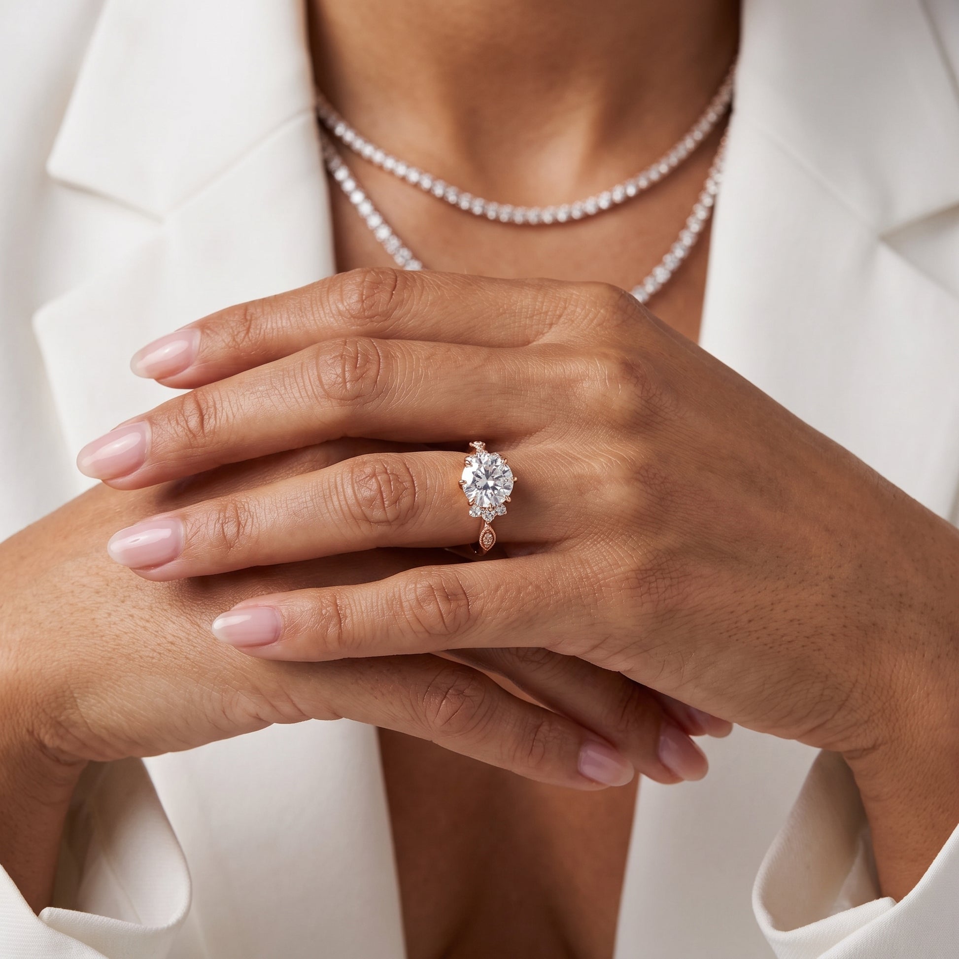 Naomi Vintage Milgrain Round Diamond Engagement Ring in Rose Gold - model.jpg