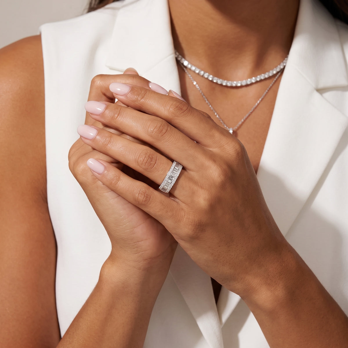 Zuri Channel Set Baguette & Round Diamond Anniversary Ring in White Gold - model.jpg