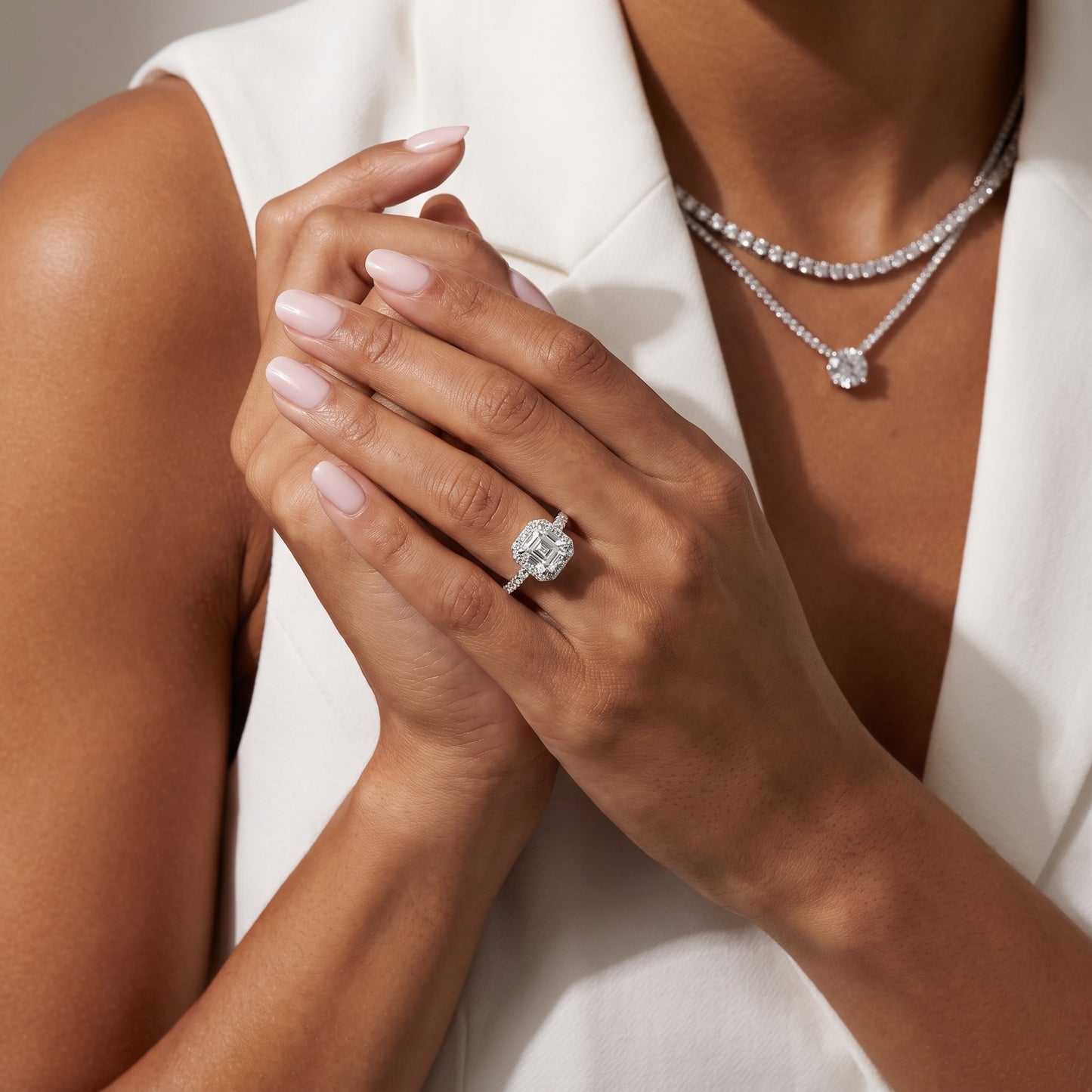 Bella Halo Pavé Asscher Diamond Engagement Ring in White Gold - model.jpg