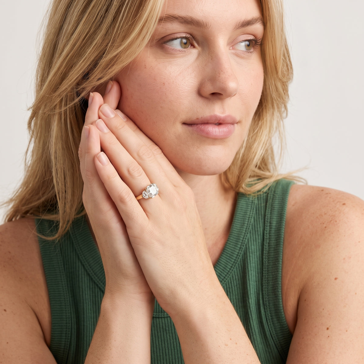 Elia Half-Moon Three-Stone Cushion Diamond Engagement Ring in Platinum - model.jpg