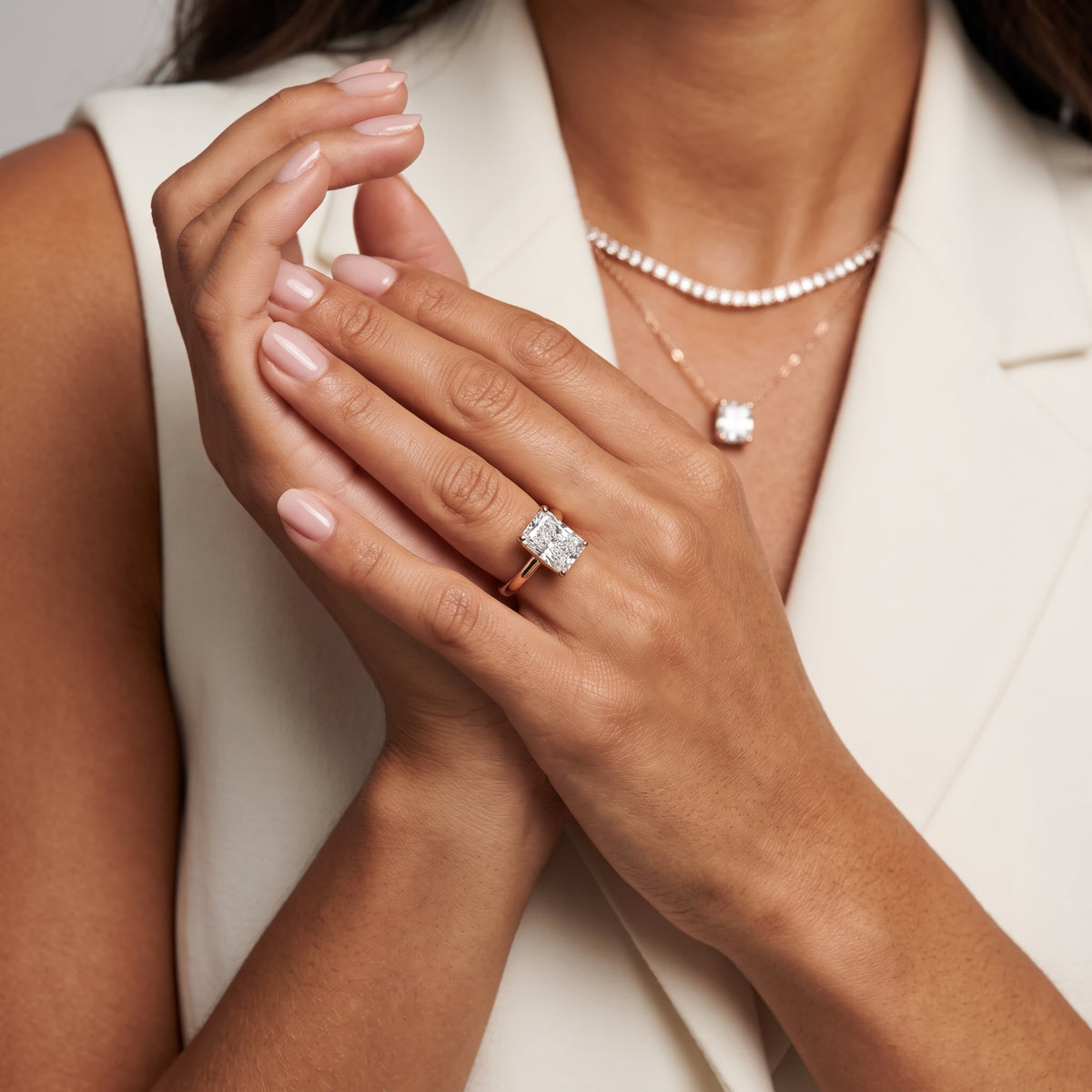 Sadie Cathedral Solitaire Radiant Diamond Engagement Ring in Rose Gold - model.jpg