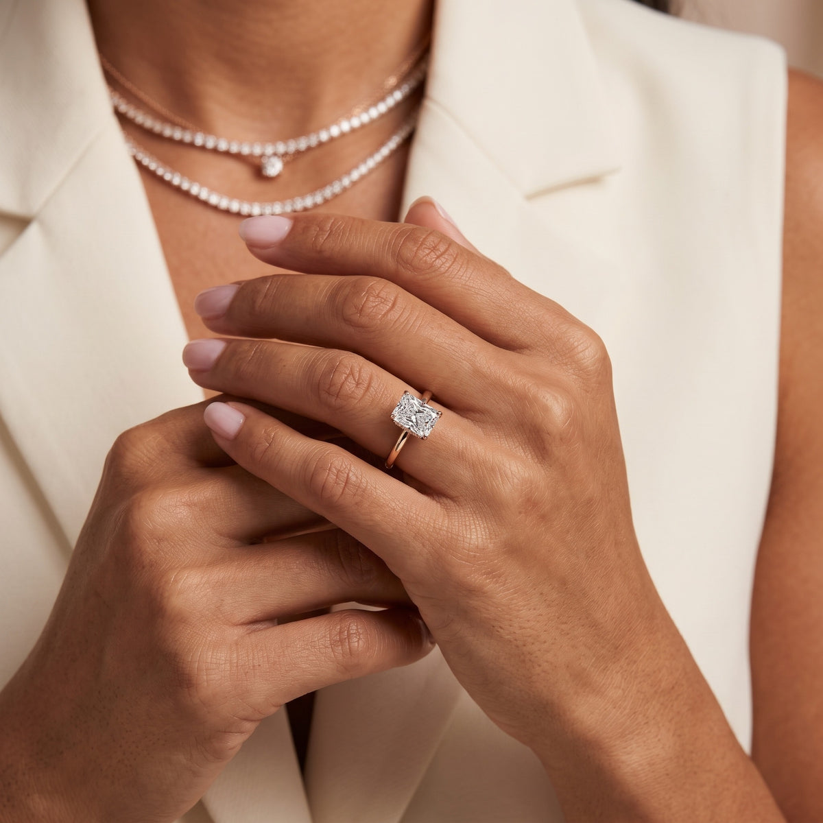 Charlotte Charm Solitaire Radiant Diamond Engagement Ring in Rose Gold - model.jpg