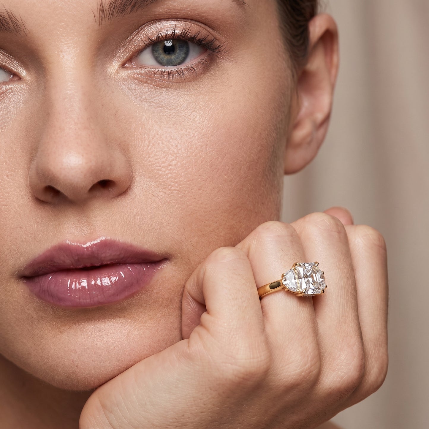 Romy Three-Stone Radiant Diamond Engagement Ring in Yellow Gold - model.jpg