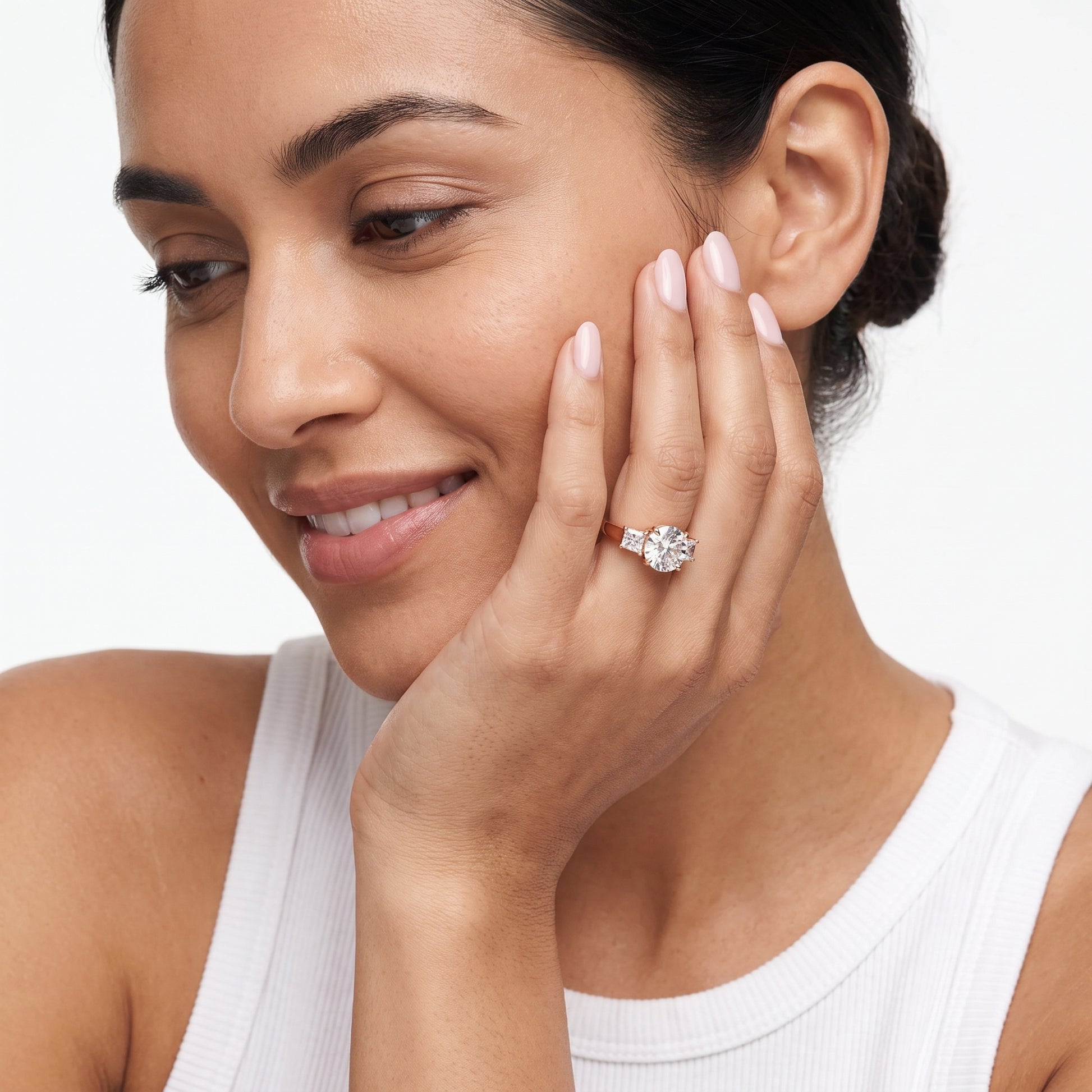Selena Three-Stone Basket Round Diamond Ring in Rose Gold - model.jpg