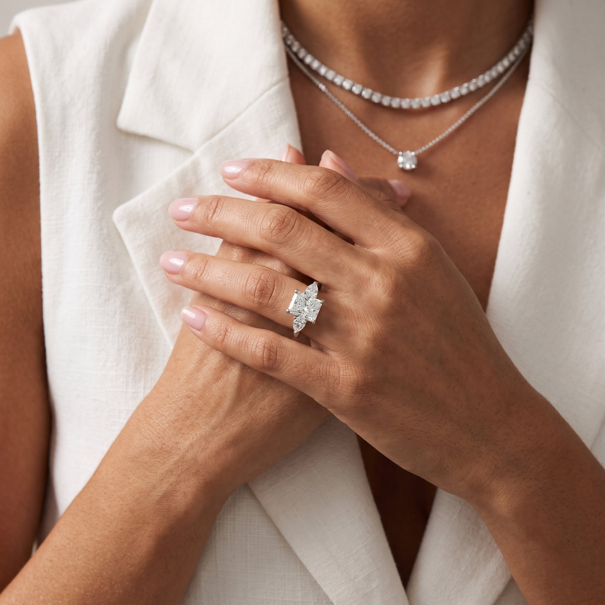 Faye Three-Stone Trellis Radiant Diamond Engagement Ring in Silver - model.jpg