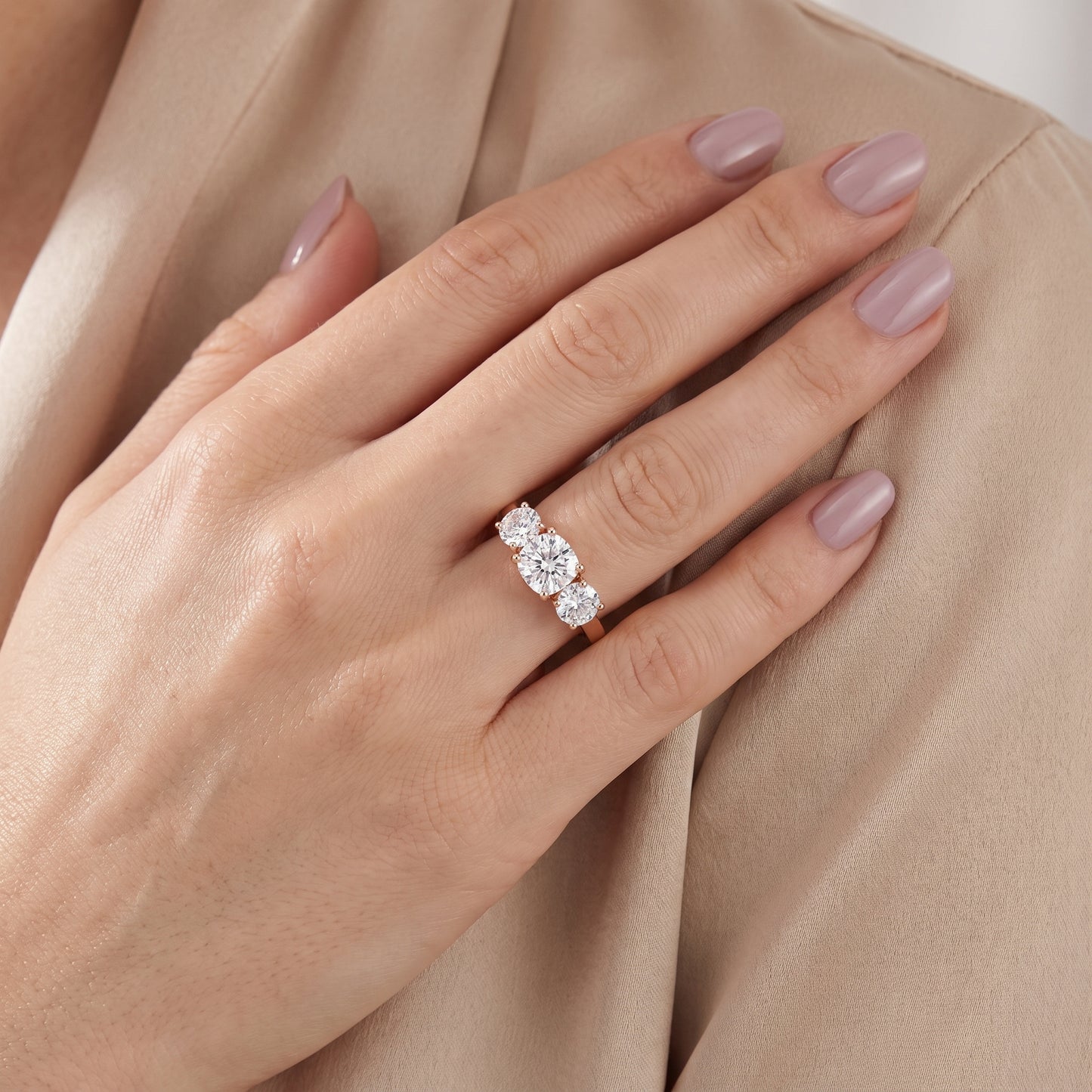 Esme Three-Stone Tapered Cushion Diamond Ring in Rose Gold - model.jpg