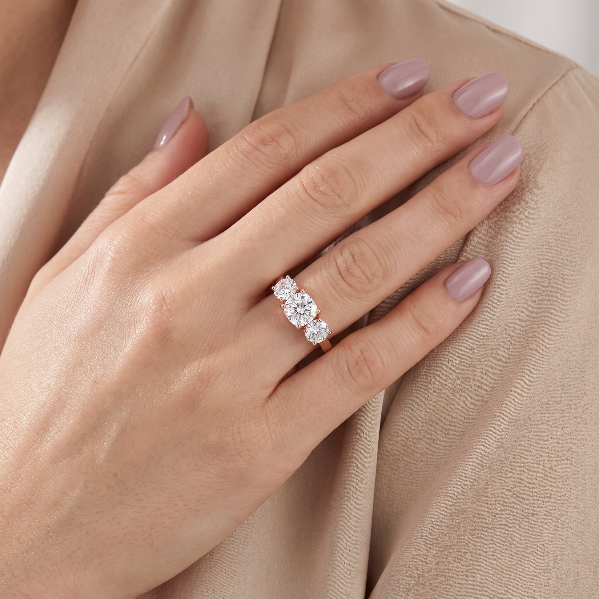 Esme Three-Stone Tapered Cushion Diamond Ring in Rose Gold - model.jpg