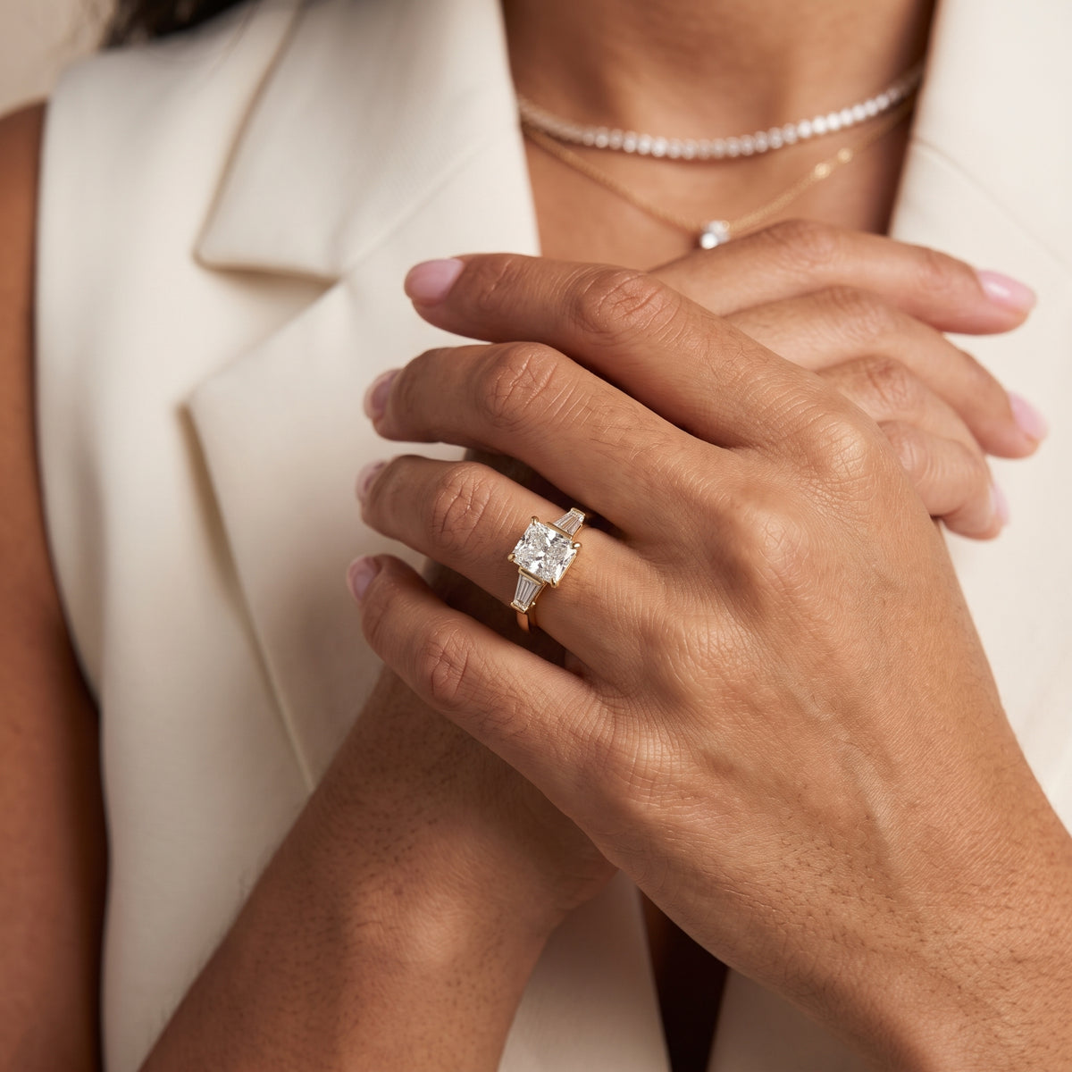 Layla Tapered Baguette Radiant Diamond Engagement Ring in Yellow Gold - model.jpg