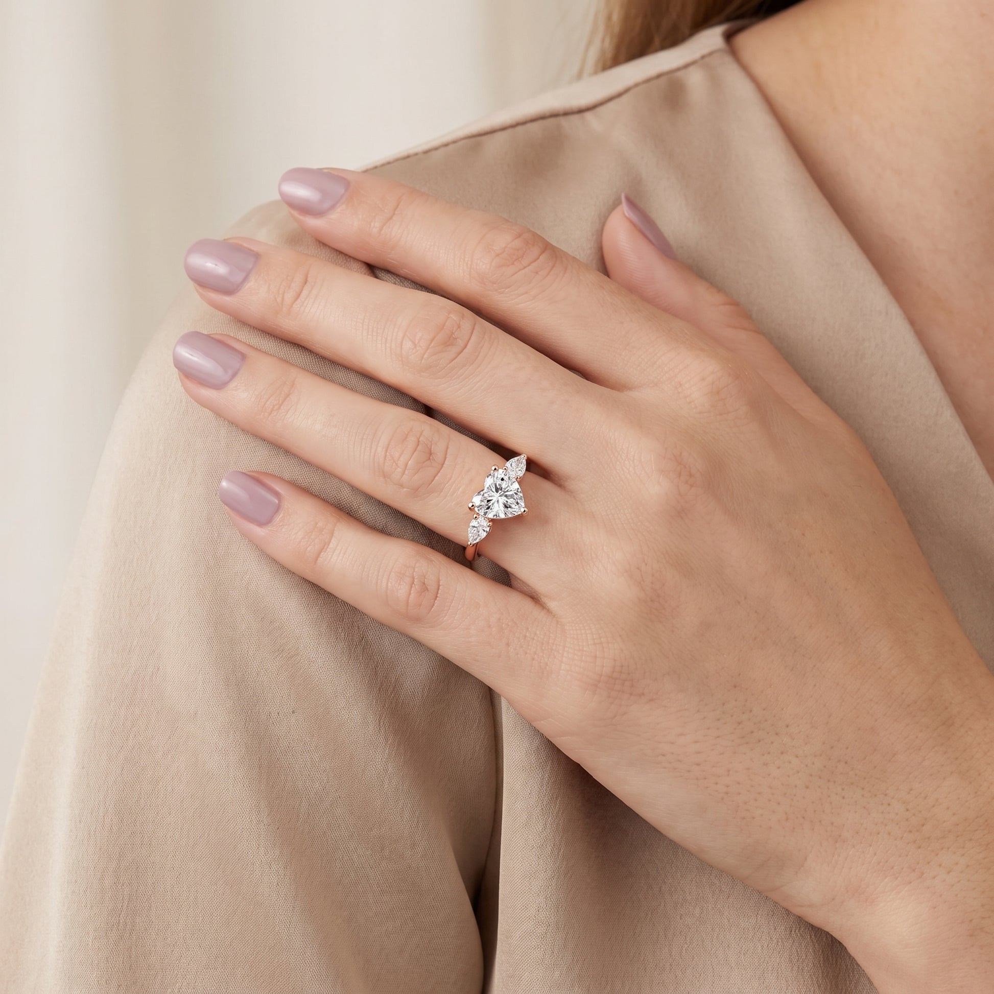 Faye Three-Stone Trellis Heart Diamond Ring in Rose Gold - model.jpg