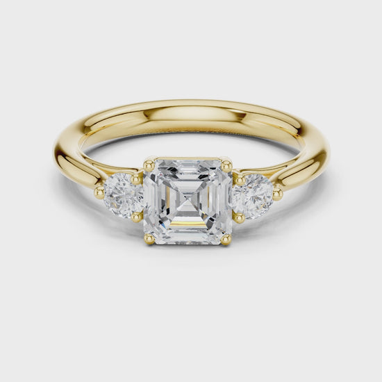 Essential Three-Stone Asscher & Round Diamond Engagement Ring in Yellow Gold