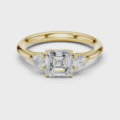 Essential Three-Stone Asscher & Round Diamond Engagement Ring in Yellow Gold