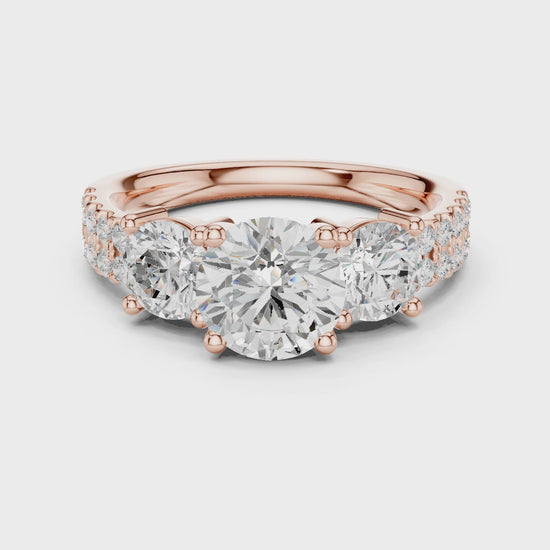 Celeste Three-Stone Round Diamond Engagement Ring in Rose Gold
