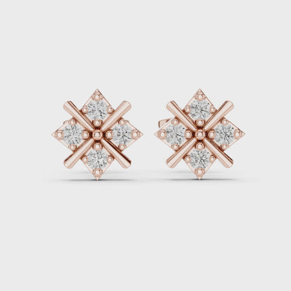 Quadra Star Round Diamond Stud Earrings in Rose Gold