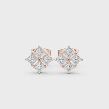 Bloom Cluster Princess Diamond Stud Earrings in Rose Gold