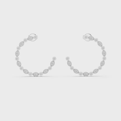 Petal Milgrain Round Diamond Hoop Earrings in Silver