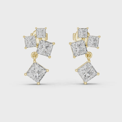 Crest Cluster Princess Diamond Dangle Earrings in Yellow Gold