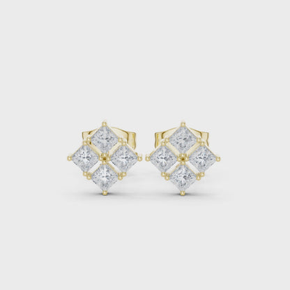 Bloom Cluster Princess Diamond Stud Earrings in Yellow Gold