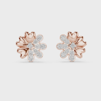 Dual Essence Floral Round Diamond Stud Earrings in Rose Gold