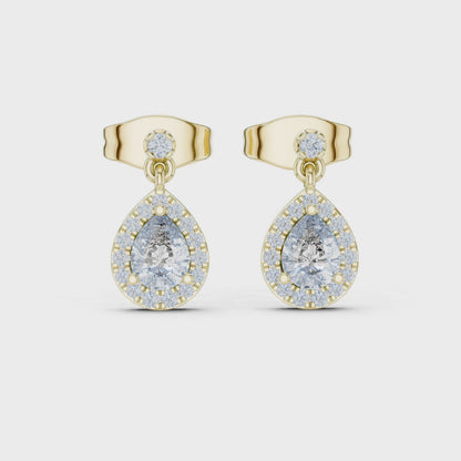 Celeste Halo Pear & Round Diamond Drop Earrings in Yellow Gold