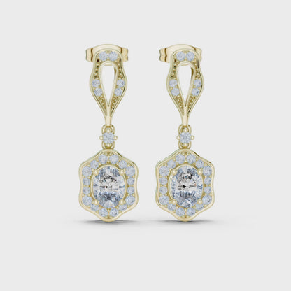 Iris Halo Oval & Round Diamond Drop Earrings in Yellow Gold