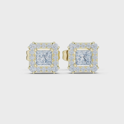 Stella Halo Princess & Round Diamond Stud Earrings in Yellow Gold