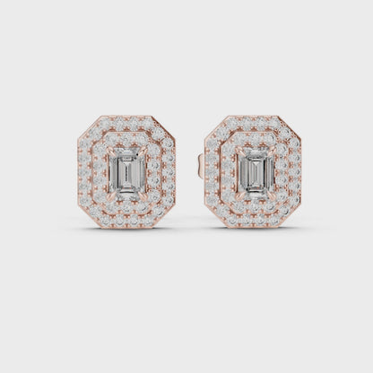 Celeste Double-Halo Emerald & Round Diamond Stud Earrings in Rose Gold