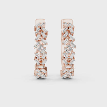Chevron Baguette Emerald Diamond Hoop Earrings in Rose Gold