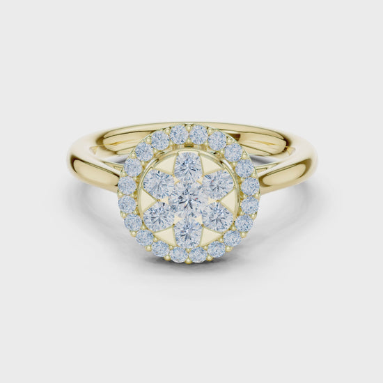 Starburst Halo Round Diamond Engagement Ring in Yellow Gold