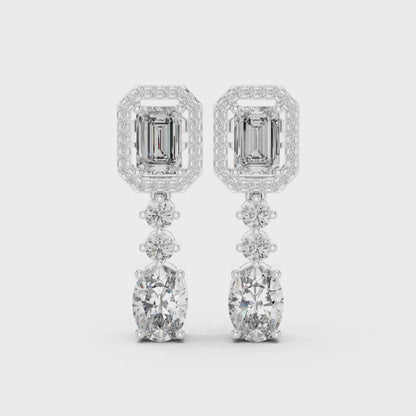 Celeste Halo Emerald & Oval Diamond Drop Earrings in Platinum