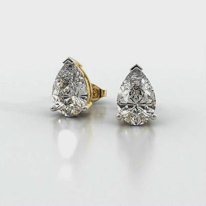 Three Prong Pear Diamond Stud Earrings in Yellow Gold