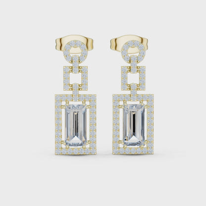 Structural Halo Emerald & Round Diamond Drop Earrings in Yellow Gold