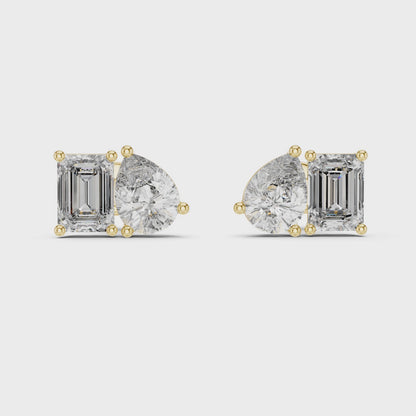 Juno Emerald & Oval Diamond Stud Earrings in Yellow Gold