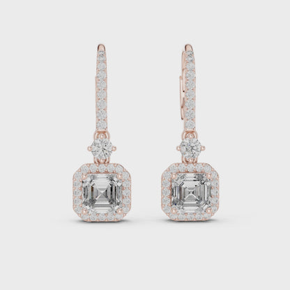 Deco Step-Cut Dangles Asscher & Round Diamond Earrings in Rose Gold