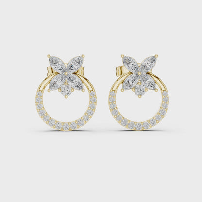 Petal Floral Marquise & Round Diamond Stud Earrings in Yellow Gold