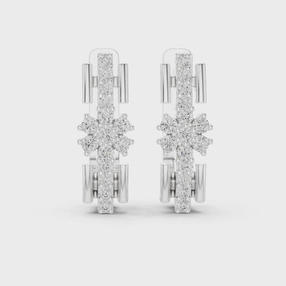 Bloom Floral Round Diamond Huggie Hoop Earrings in Silver