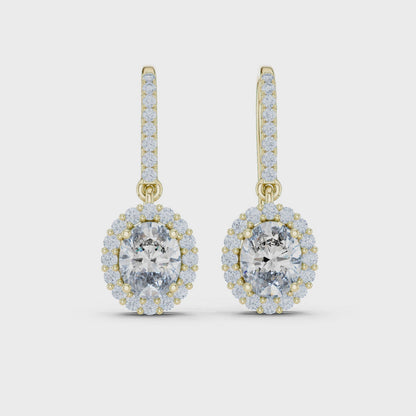 Aurora Halo Oval & Round Diamond Drop Earrings in Yellow Gold