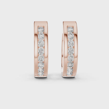 Crest Channel Round Diamond Huggie Hoop Earrings in Rose Gold