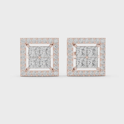 Modern Symmetry Princess & Round Diamond Stud Earrings in Rose Gold