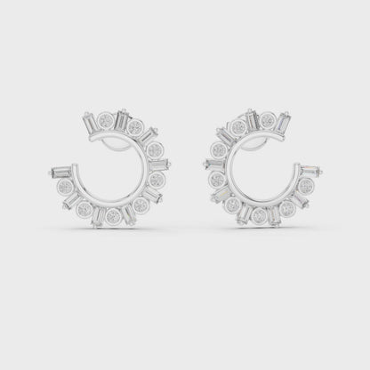 Celestial Orbit Half-Hoops Emerald & Round Diamond Earrings in White Gold