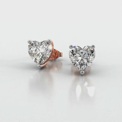 Three Prong Heart Diamond Stud Earrings in Rose Gold