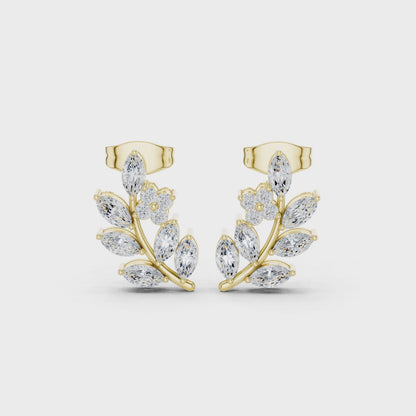 Gentle Branch Marquise & Round Diamond Climber Earrings in Yellow Gold