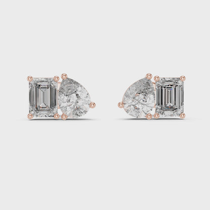 Juno Emerald & Oval Diamond Stud Earrings in Rose Gold