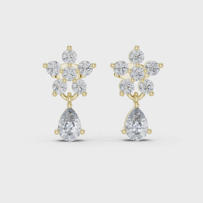 Petal Cluster Pear & Round Diamond Drop Earrings in Yellow Gold