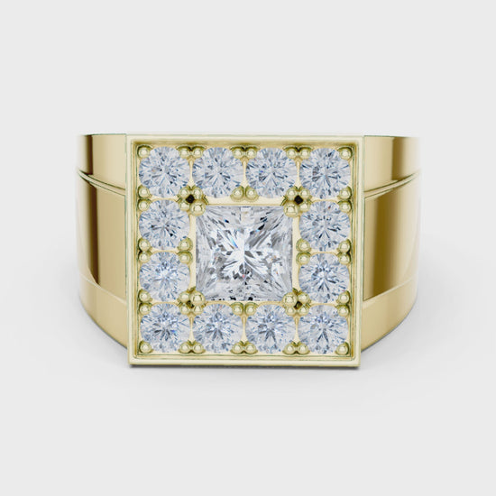 The Bold Halo Princess & Round Diamond Statement Ring in Yellow Gold