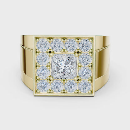 The Bold Halo Princess & Round Diamond Statement Ring in Yellow Gold