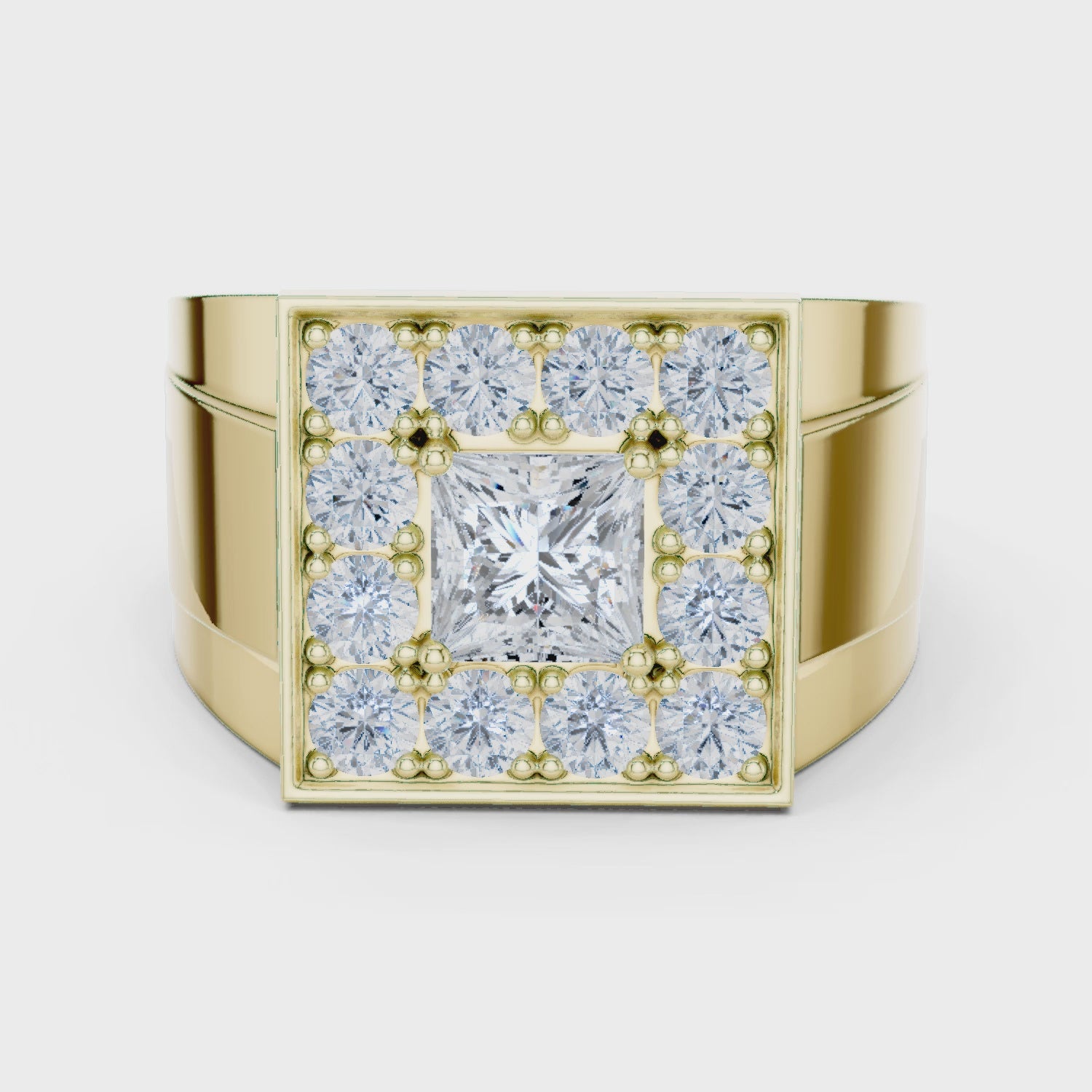 The Bold Halo Princess & Round Diamond Statement Ring in Yellow Gold