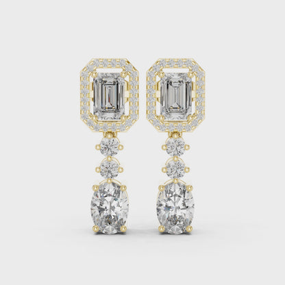Celeste Halo Emerald & Oval Diamond Drop Earrings in Yellow Gold