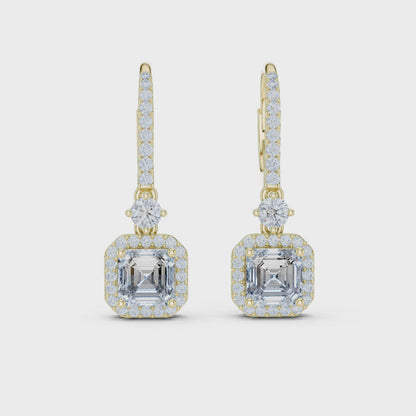 Deco Step-Cut Dangles Asscher & Round Diamond Earrings in Yellow Gold