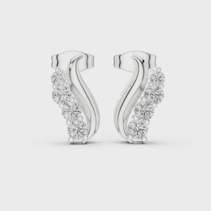 Wave Round Diamond Climber Earrings in Silver